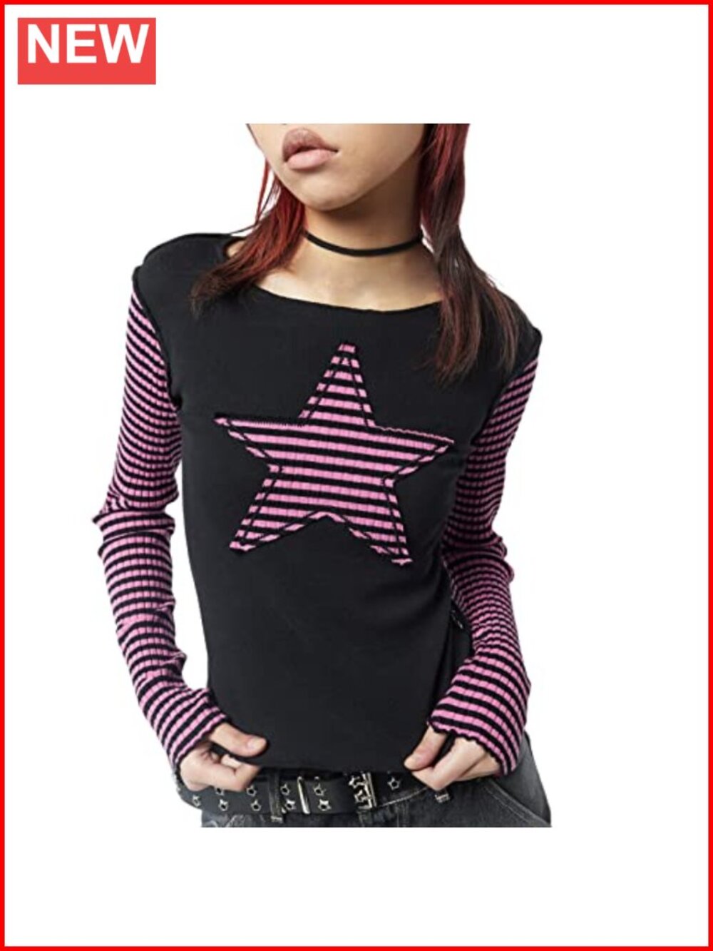 Women Y2K Star Patchwork Long Sleeve Crop Top Crew Neck Casual Tee